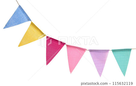 Bright colorful bunting garland. Party flags on rope. Textured fabric. Birthday celebration, wedding anniversary. Holiday Festa Junina decor. Isolated overlay object, banner on white background 115632119