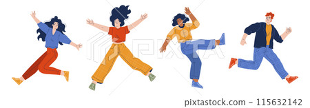Happy and Rejoicing Jumping Man and Woman Character Cheering Vector Illustration Set Happy and Rejoicing Jumping Man and Woman Character Cheering Vector Illustration Set 115632142