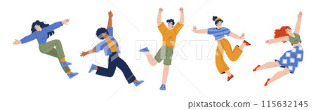 Happy and Rejoicing Jumping Man and Woman Character Cheering Vector Illustration Set Happy and Rejoicing Jumping Man and Woman Character Cheering Vector Illustration Set 115632145
