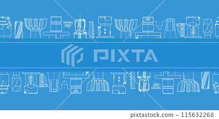 Mechanical engineering drawings on blue background. Tap tools, borer. Technical Design. Cover. Blueprint. Seamless pattern. Vector illustration. 115632268