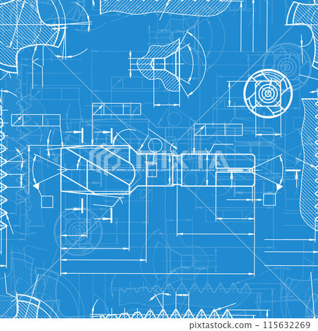 Mechanical engineering drawings on blue background. Tap tools, borer. Technical Design. Cover. Blueprint. Seamless pattern. Vector illustration. 115632269