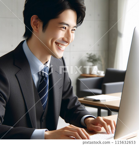 Smiling Japanese man in a suit working on a computer 115632653