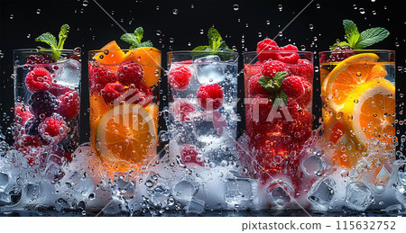 fresh Home Made Fruit Lemonade with Sparkling Water and Ice Cubes  beverage splash with cold ice cube 115632752