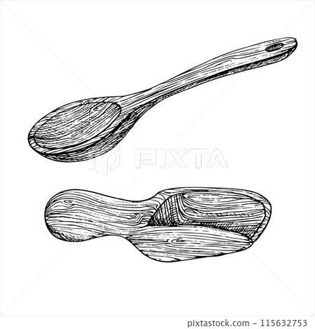 Spoon and ladle,scoop graphic vector illustration, hand drawn sketch. Engraving for food packaging design 115632753