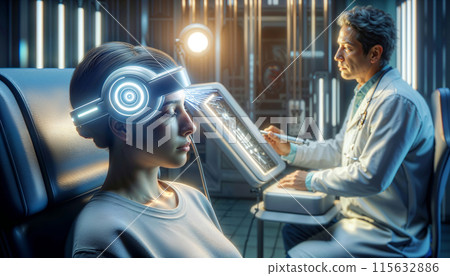 Doctor uses hightech equipment with innovative headset for diagnosis and healthcare research Doctor uses hightech equipment with innovative headset for diagnosis and healthcare research 115632886