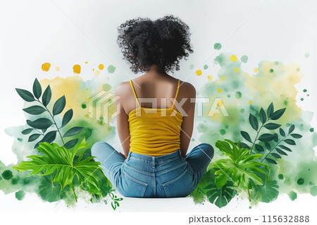 back view of African American Woman in top and jeans, meditating surrounded illustration plants 115632888