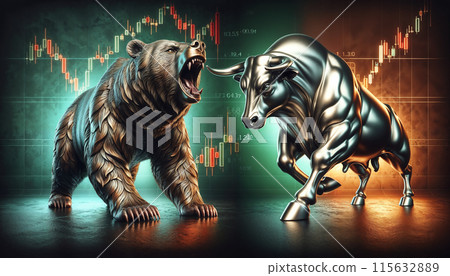 bull and bear facing off against a backdrop of financial graphs and candlestick charts. 115632889