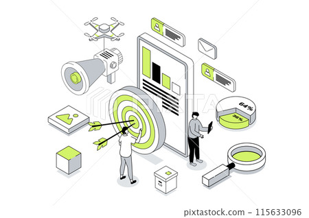 Target audience 3d isometric concept in outline isometry design for web. People study market data and customer trends, sets focus aim, create advertising for attract new clients. Vector illustration. 115633096