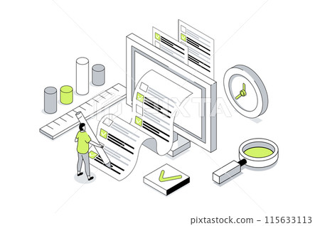 Online survey 3d isometric concept in outline isometry design for web. People giving feedback and evaluation, marking answer in questionnaire, voting in digital form on computer. Vector illustration. 115633113