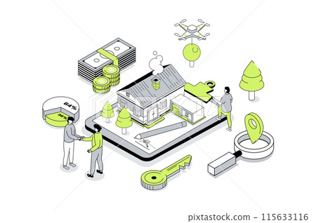 Mortgage investment 3d isometric concept in outline isometry design for web. People investing money in real estate, buying new apartments, owning property, dealing with broker. Vector illustration. Mortgage investment 3d isometric concept in outline isometry design for web. People investing money in real estate, buying new apartments, owning property, dealing with broker. Vector illustration. 115633116