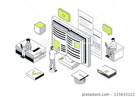 Modern education 3d isometric concept in outline isometry design for web. People reading e-books and digital textbook, learning at digital classroom, watching video lectures. Vector illustration. 115633122