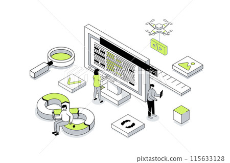 DevOps 3d isometric concept in outline isometry design for web. People communicating in team and collaborating in agile teamwork processes for programming products and support. Vector illustration. DevOps 3d isometric concept in outline isometry design for web. People communicating in team and collaborating in agile teamwork processes for programming products and support. Vector illustration. 115633128