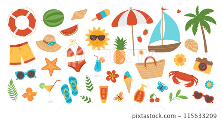 Colorful summer elements set. Beach collection with swimsuits, hat, sunglasses, palm, cocktails, fruits, ice cream and other stickers. Tropical vacation, holiday. Vector illustration isolated on white Colorful summer elements set. Beach collection with swimsuits, hat, sunglasses, palm, cocktails, fruits, ice cream and other stickers. Tropical vacation, holiday. Vector illustration isolated on white 115633209
