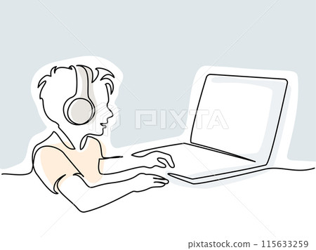 Child boy study at home using notebook. Education and back to school concept. 115633259