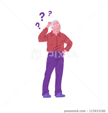 Vector illustration of an elderly man suffering from memory loss, surrounded by question marks symbolizing dementia. 115633280