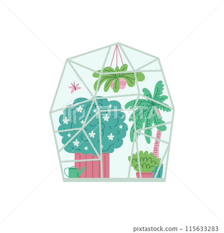 Greenhouse with palm tree, bushes, watering can, butterfly. Greenhouse with palm tree, bushes, watering can, butterfly. 115633283