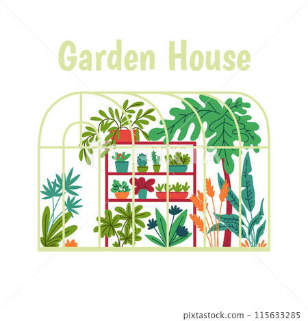 Classic glass greenhouse with trees, flower pots. Classic glass greenhouse with trees, flower pots. 115633285