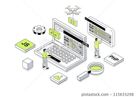 Website creating 3d isometric concept in outline isometry design for web. People creating UI UX interface and homepages at laptop screen, prototyping code and testing scripts. Vector illustration. 115633298