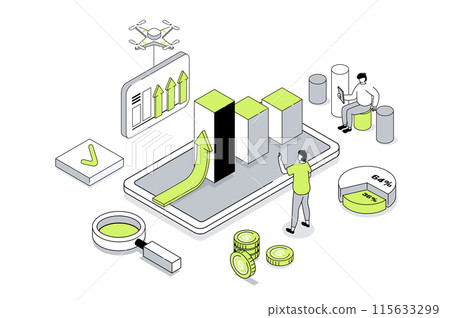 Business strategy 3d isometric concept in outline isometry design for web. People analyzing financial data, planning work tasks, achieving goals, developing success company. Vector illustration. 115633299