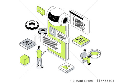 Artificial intelligence 3d isometric concept in outline isometry design for web. People working and programming ai robots, creating chatbot, machine learning and cyber automation. Vector illustration. 115633303