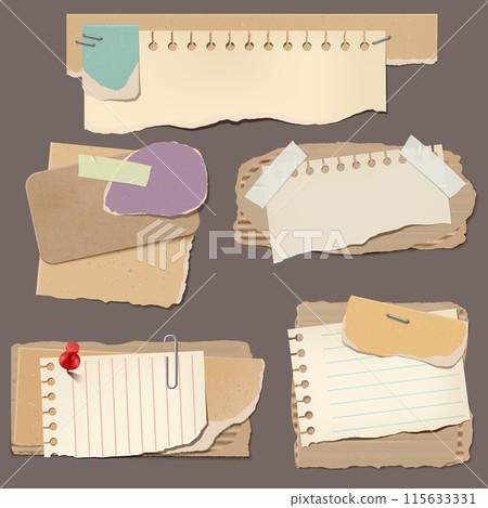 A set of realistic cardboard scraps with textured edges and notebook sheets. A set of realistic cardboard scraps with textured edges and notebook sheets. 115633331
