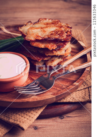 potato pancakes, pancakes with sour cream, Belarusian dish, homemade, no people, 115633346