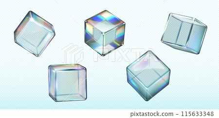 3D transparent glossy crystal cubes with holographic dispersion effect vector set, render rainbow color reflection glass 115633348