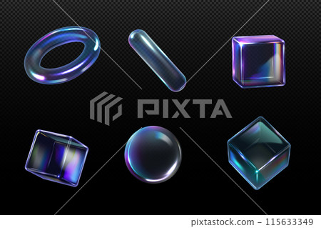 A set of 3D glass figures with holographic effects. 115633349
