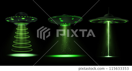 UFO set: alien ships with green beams. Isolated black background. 115633353