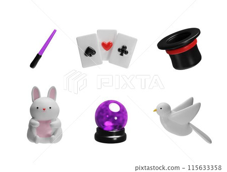 3D magician's set: crystal ball, a top hat, a magic wand, a rabbit, a pigeon 115633358