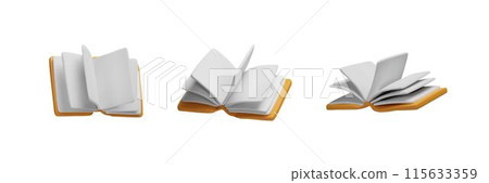 Brown hardcover opened book with white sheets fluttering 3D vector set, volume notepad in the air textbook or literature 115633359