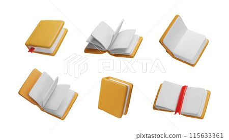 Vector set of 3D books open and closed, with a bookmark, blank white hardcover pages Vector set of 3D books open and closed, with a bookmark, blank white hardcover pages 115633361