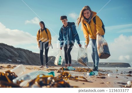 Friends at the beach picking up trash. Generative AI. 115633377