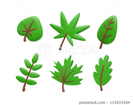 3D set of autumn leaves of different shapes, green color on an isolated background. 3D set of autumn leaves of different shapes, green color on an isolated background. 115633384