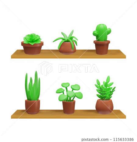 Green succulent plant in brown flowerpots on wooden shelf 3D vector, Aloe, Cactus, Crassula, Agave, Kalanchoe Echeveria Green succulent plant in brown flowerpots on wooden shelf 3D vector, Aloe, Cactus, Crassula, Agave, Kalanchoe Echeveria 115633386