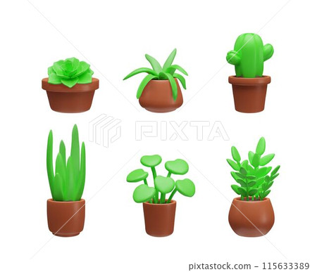 Green succulent plant in brown flowerpots 3D vector collection, Aloe, Cactus, Crassula, Agave, Kalanchoe Echeveria herb 115633389