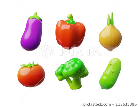 A set of 3D images of fresh vegetables broccoli, eggplant, pepper, onion. tomato, cucumber 115633390