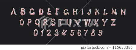 3D glossy pink capital letters of English alphabet and numbers, vector Y2K font render flux design, spilled liquid 115633395