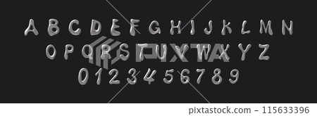 3D glossy silver liquid capital letters of English alphabet and numbers, vector Y2K font volume melted steel design 115633396