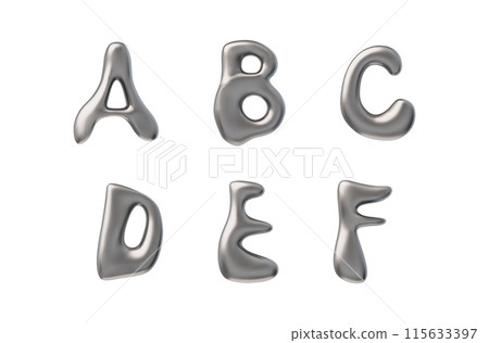 3D glossy silver capital letters A B C D E F liquid metal surface, vector volume y2k font type, realistic melted steel 115633397