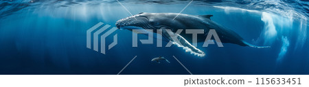 A humpback whale swimming in the ocean. An underwater photograph in the National Geographic style with real light and shadow details. A high resolution, super detailed photo with sharp focus in the st A humpback whale swimming in the ocean. An underwater photograph in the National Geographic style with real light and shadow details. A high resolution, super detailed photo with sharp focus in the st 115633451