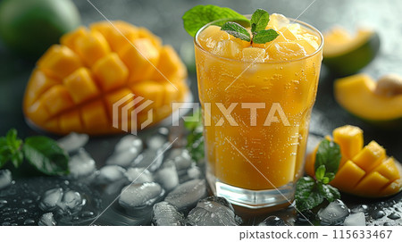 Mango juice with ice cubes in a glass and fresh mango on a dark background, summer cocktail drink mockup design concept. Stock photo contest winner, high resolution image in the style of the original Mango juice with ice cubes in a glass and fresh mango on a dark background, summer cocktail drink mockup design concept. Stock photo contest winner, high resolution image in the style of the original 115633467