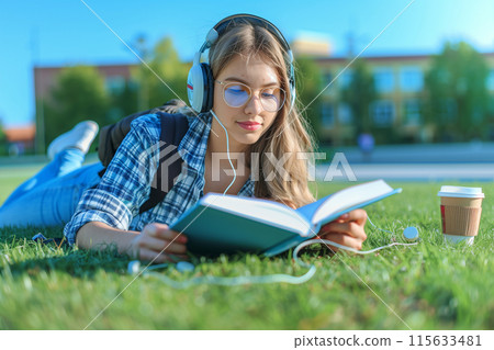 A young woman with headphones and glasses is reading a book 115633481