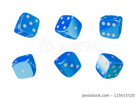Game dice view from different angles realistic 3d vector icons set, blue cube with white dots, gambling games casino 115633520