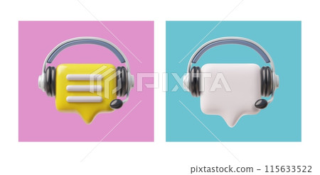 Dialog boxes with headphones on a bright background. Collection in 3D vector. 115633522