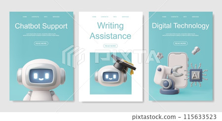 Chatbot robot, digital technology support service, writing assistance 3D vector landing page template set, AI machine Chatbot robot, digital technology support service, writing assistance 3D vector landing page template set, AI machine 115633523