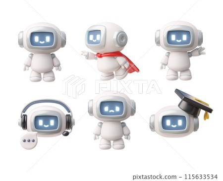 Cute robot chatbot icons in various roles 3D vector illustration set 115633534