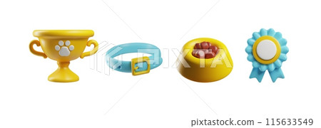 3D golden pet trophy winner cup and medal award, collar vector icon set, feed pet bowl, cat dog accessories and food 115633549