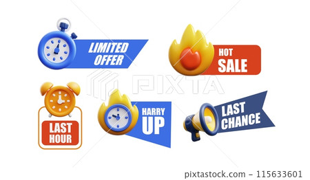 Burning stopwatch, alarm clock with and loudspeaker 3d vector icons set with lettering, Harry up, hot sale, last chance Burning stopwatch, alarm clock with and loudspeaker 3d vector icons set with lettering, Harry up, hot sale, last chance 115633601