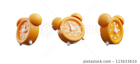3D orange alarm clock vector set, render watch, sleeping or deadline timer, volumetric clock reminder icon 115633610
